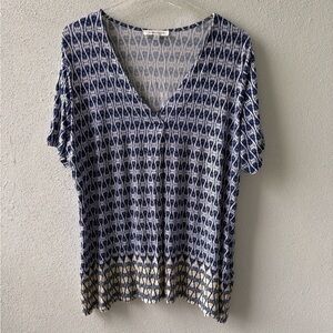 Rose + Olive 1X V Neck Short Sleeve Soft Tee Blue Yellow Ombré Casual Stretch